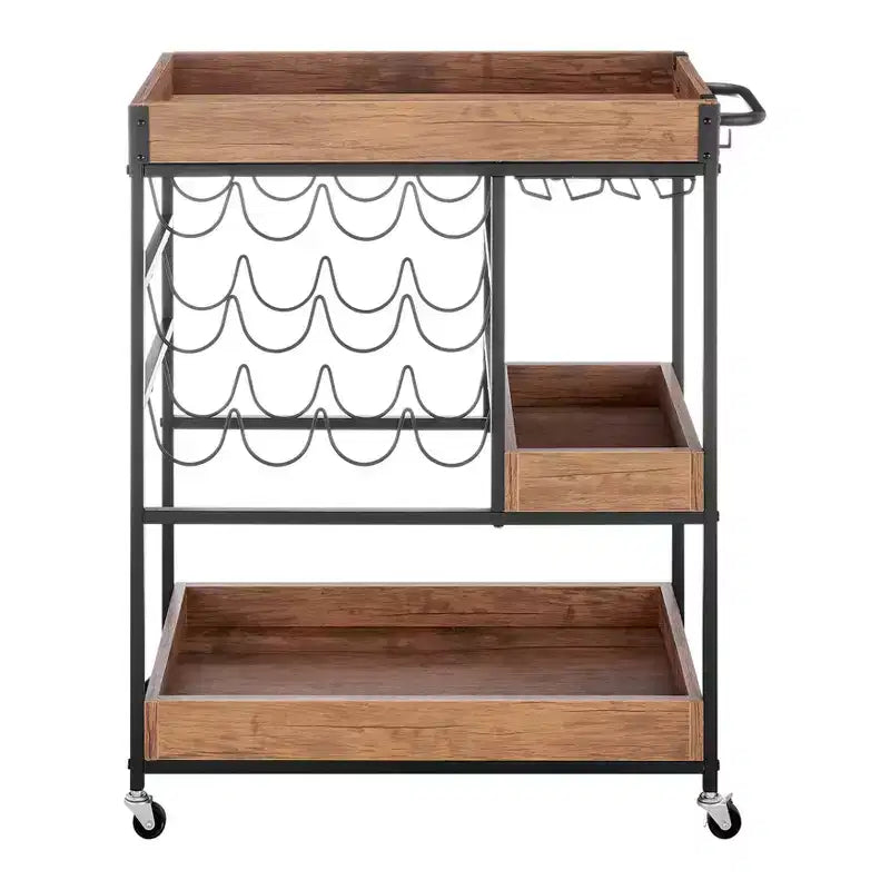12 Bottle Rustic Walnut Wood and Metal Rolling Farmhouse Style Bar Cart Brown/Black - Danya B.