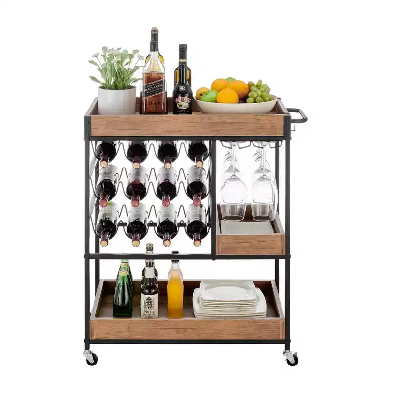 12 Bottle Rustic Walnut Wood and Metal Rolling Farmhouse Style Bar Cart Brown/Black - Danya B.