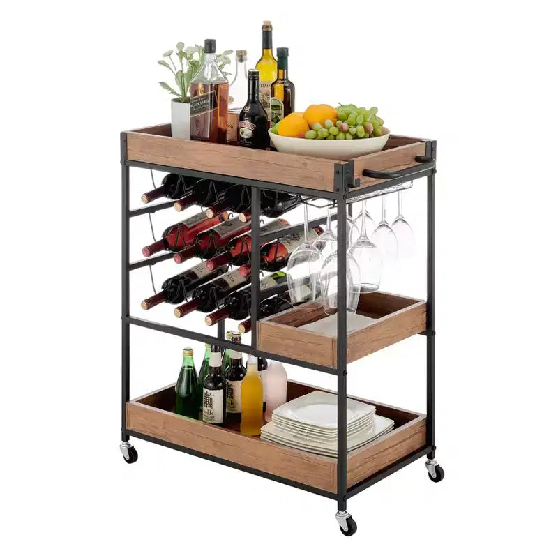 12 Bottle Rustic Walnut Wood and Metal Rolling Farmhouse Style Bar Cart Brown/Black - Danya B.