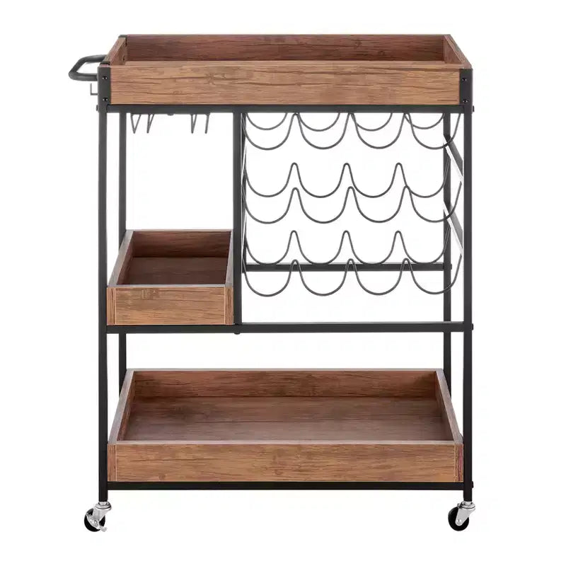 12 Bottle Rustic Walnut Wood and Metal Rolling Farmhouse Style Bar Cart Brown/Black - Danya B.