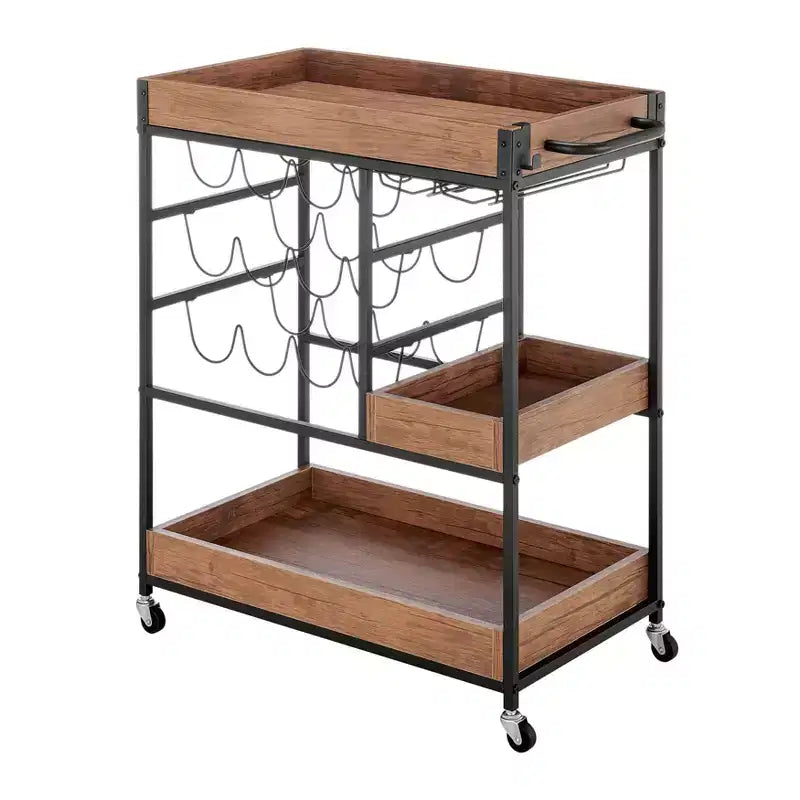 12 Bottle Rustic Walnut Wood and Metal Rolling Farmhouse Style Bar Cart Brown/Black - Danya B.