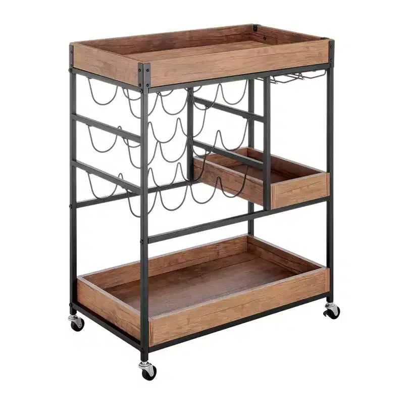 12 Bottle Rustic Walnut Wood and Metal Rolling Farmhouse Style Bar Cart Brown/Black - Danya B.