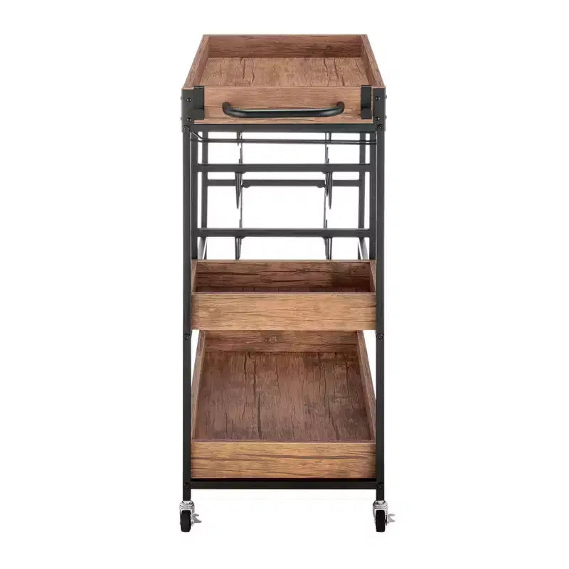 12 Bottle Rustic Walnut Wood and Metal Rolling Farmhouse Style Bar Cart Brown/Black - Danya B.