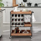 12 Bottle Rustic Walnut Wood and Metal Rolling Farmhouse Style Bar Cart Brown/Black - Danya B.