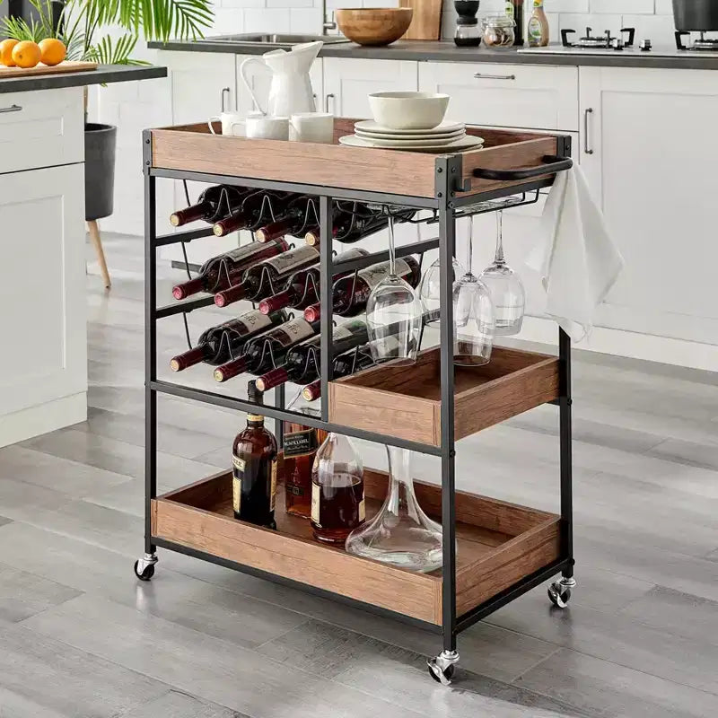 12 Bottle Rustic Walnut Wood and Metal Rolling Farmhouse Style Bar Cart Brown/Black - Danya B.