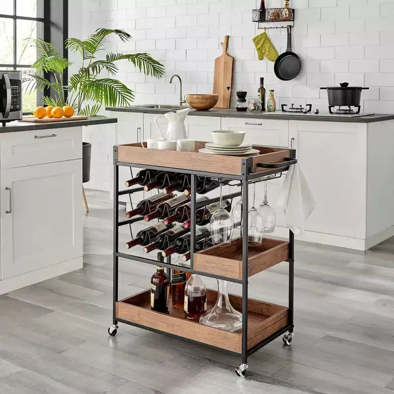 12 Bottle Rustic Walnut Wood and Metal Rolling Farmhouse Style Bar Cart Brown/Black - Danya B.