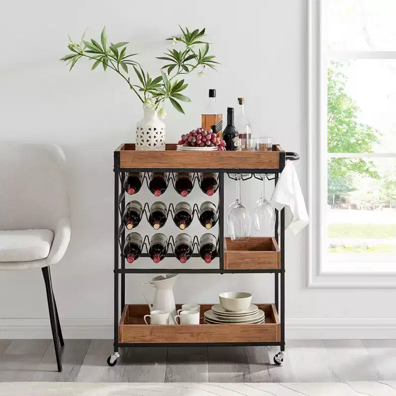 12 Bottle Rustic Walnut Wood and Metal Rolling Farmhouse Style Bar Cart Brown/Black - Danya B.