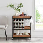 12 Bottle Rustic Walnut Wood and Metal Rolling Farmhouse Style Bar Cart Brown/Black - Danya B.