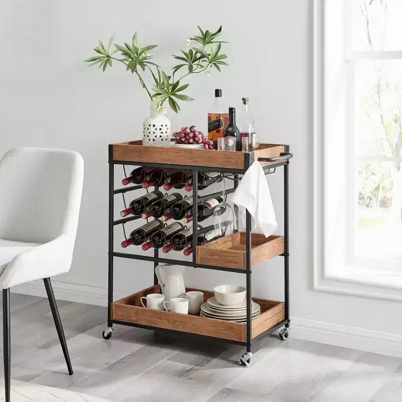 12 Bottle Rustic Walnut Wood and Metal Rolling Farmhouse Style Bar Cart Brown/Black - Danya B.