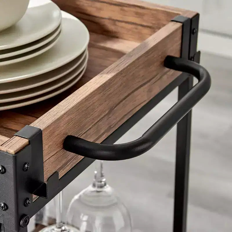 12 Bottle Rustic Walnut Wood and Metal Rolling Farmhouse Style Bar Cart Brown/Black - Danya B.
