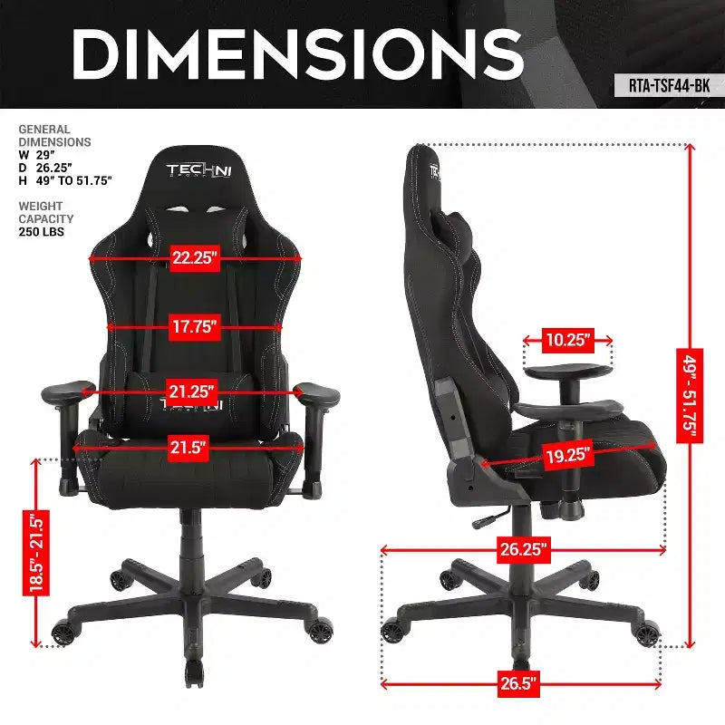 Sedia da gioco in tessuto ergonomica con schienale alto stile racer, nera - Techni Sport: Ufficio, girevole, supporto lombare