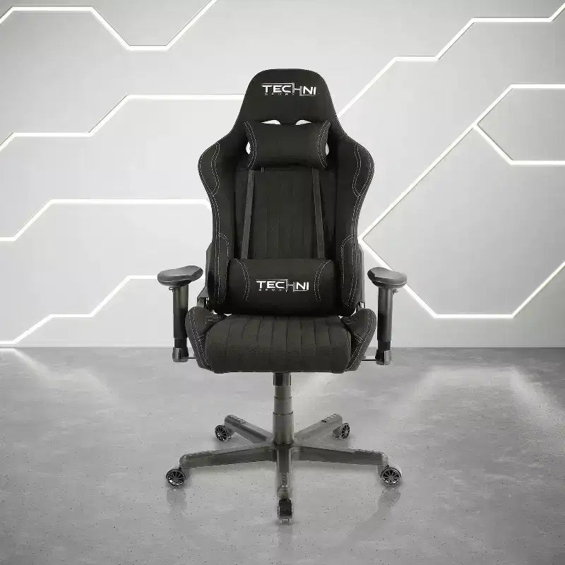 Sedia da gioco in tessuto ergonomica con schienale alto stile racer, nera - Techni Sport: Ufficio, girevole, supporto lombare