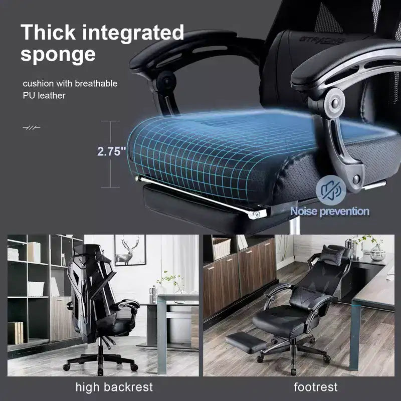 GTRACING Gaming Chair Mesh Computer Chair Ergonomic Recliner with Footrest Black