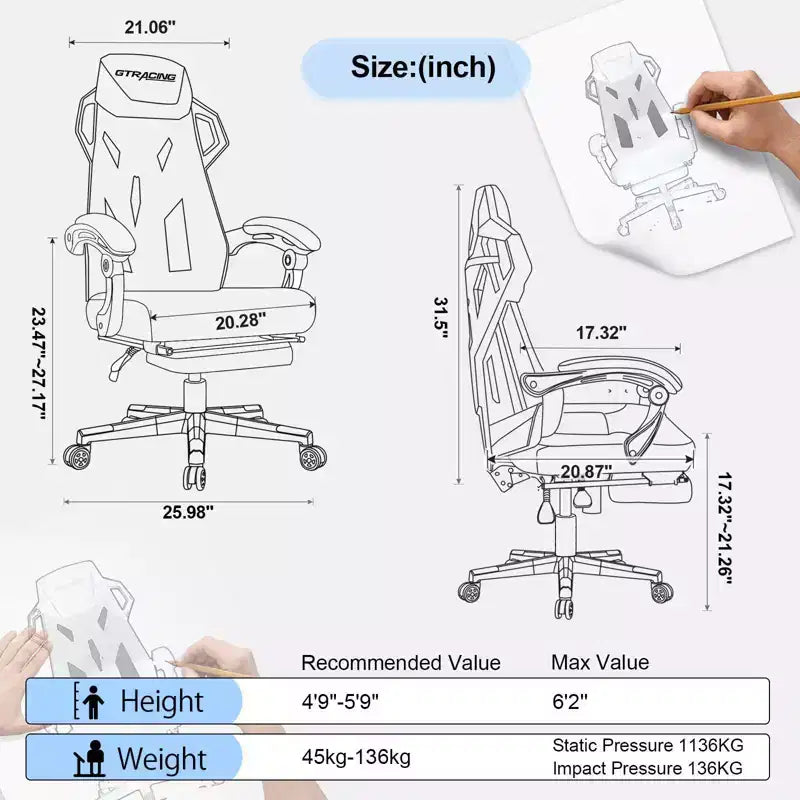 GTRACING Gaming Chair Mesh Computer Chair Ergonomic Recliner with Footrest Black