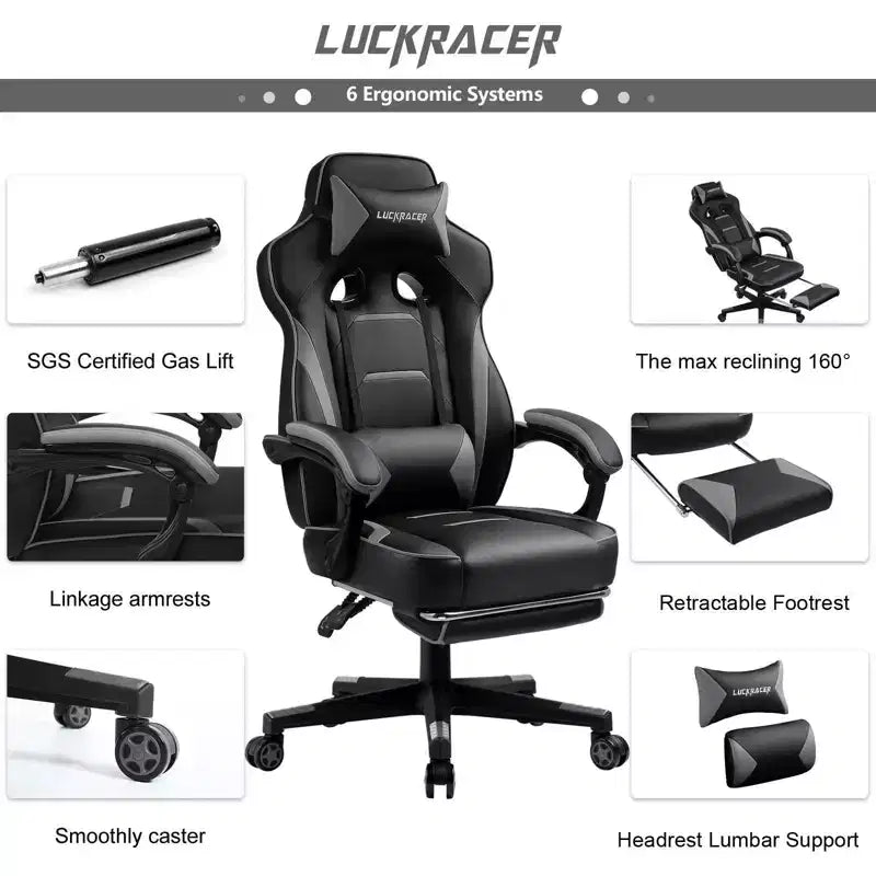 LUCKRACER Sedia da Gaming con Poggiapiedi, Sedia da Ufficio con Schienale Alto per Computer, Grigia
