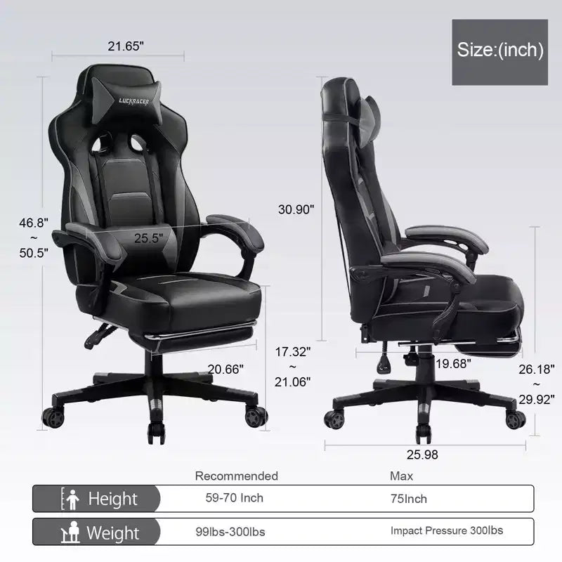 LUCKRACER Sedia da Gaming con Poggiapiedi, Sedia da Ufficio con Schienale Alto per Computer, Grigia