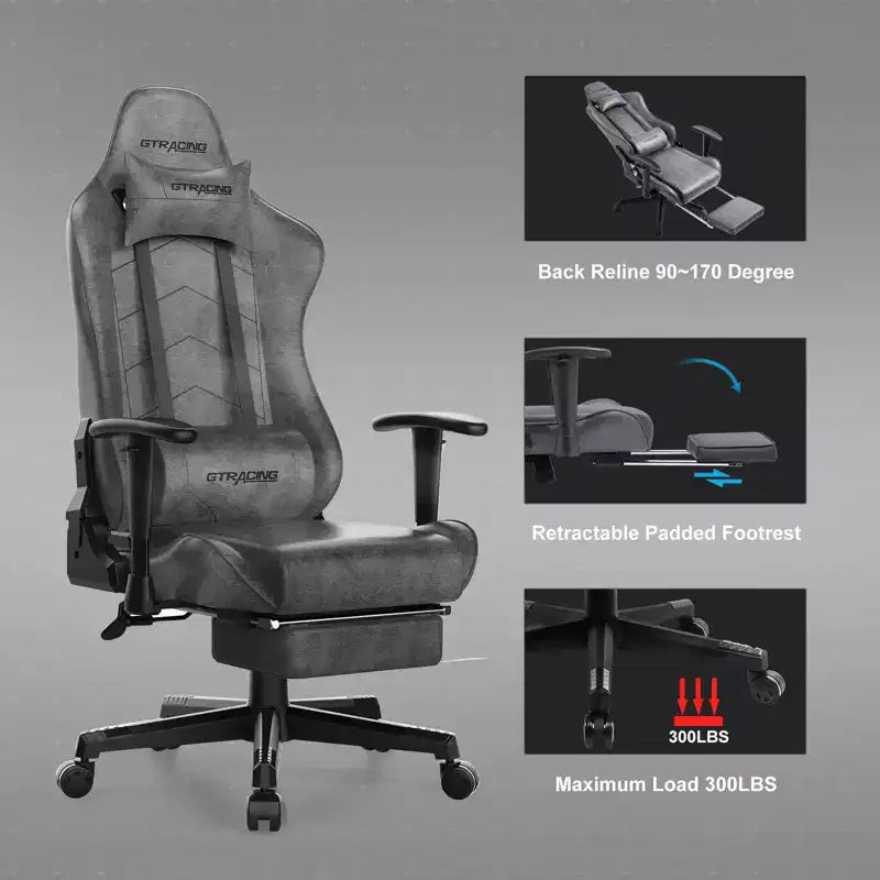 GTRACING Gaming Chair with Footres Ergonomic Recliner Office Chair with Lumbar Support Gray