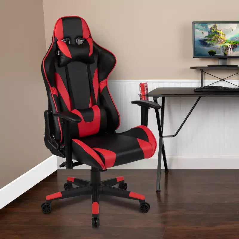 Emma and Oliver Racing Gaming Ergonomic Chair with Fully Reclining Back in Red LeatherSoft
