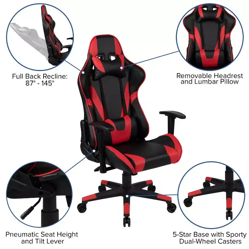 Emma and Oliver Racing Gaming Ergonomic Chair with Fully Reclining Back in Red LeatherSoft