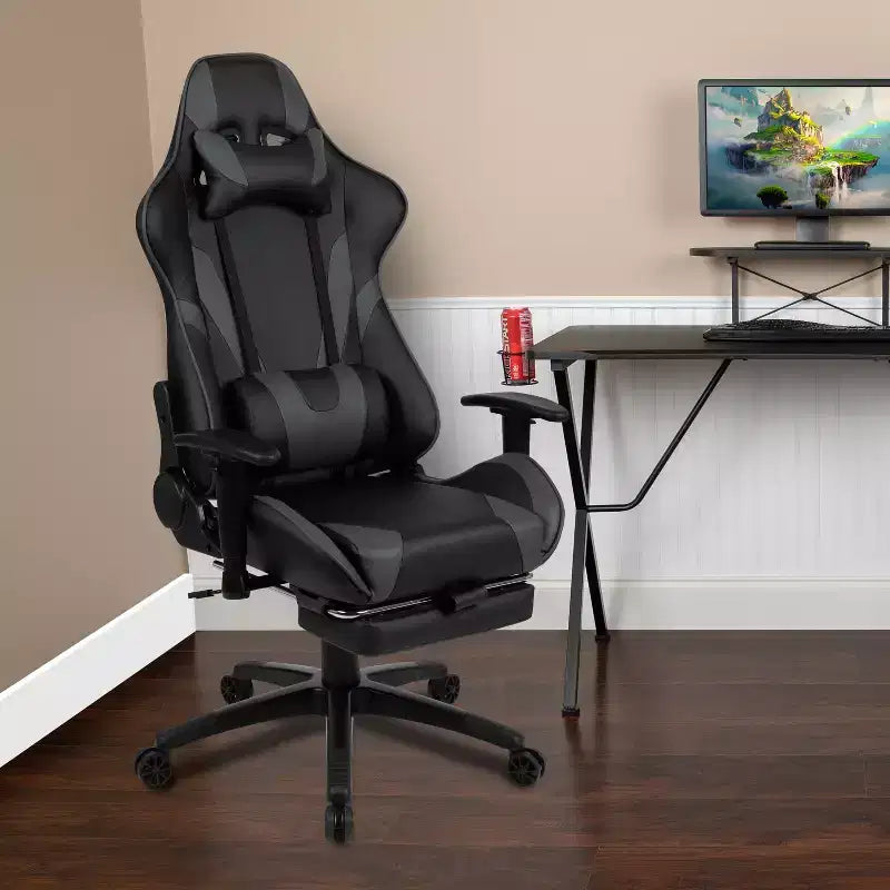 Sedia ergonomica da gaming Emma and Oliver Racing con schienale reclinabile e poggiapiedi in pelle sintetica rossa