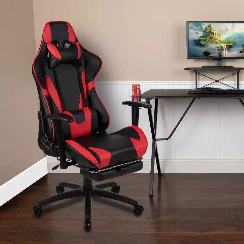 Sedia ergonomica da gaming Emma and Oliver Racing con schienale reclinabile e poggiapiedi in pelle sintetica rossa