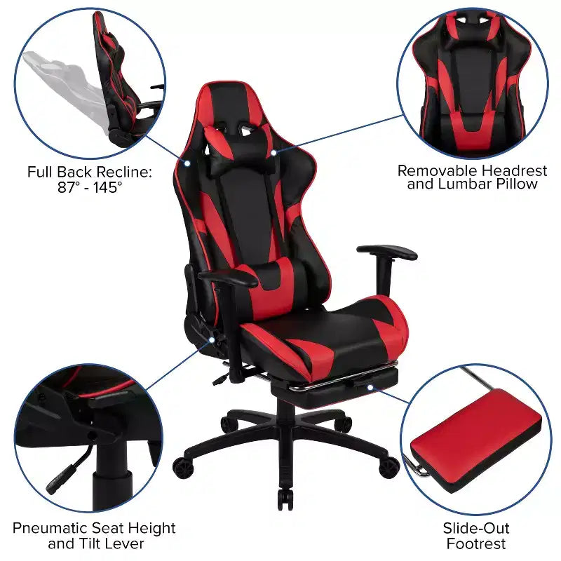 Sedia ergonomica da gaming Emma and Oliver Racing con schienale reclinabile e poggiapiedi in pelle sintetica rossa