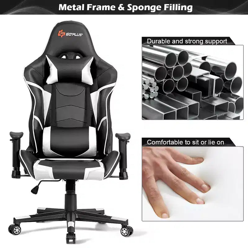 Costway Massage Gaming Chair Reclining Swivel Racing Office Chair w/Lumbar Support White\Blue\Grey\Red