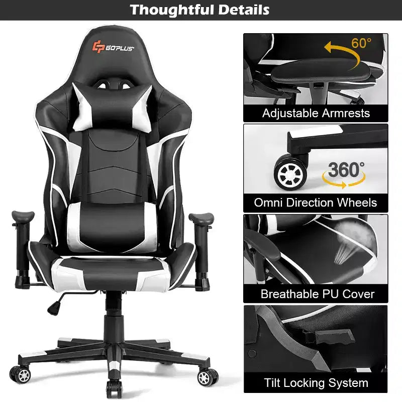 Costway Massage Gaming Chair Reclining Swivel Racing Office Chair w/Lumbar Support White\Blue\Grey\Red