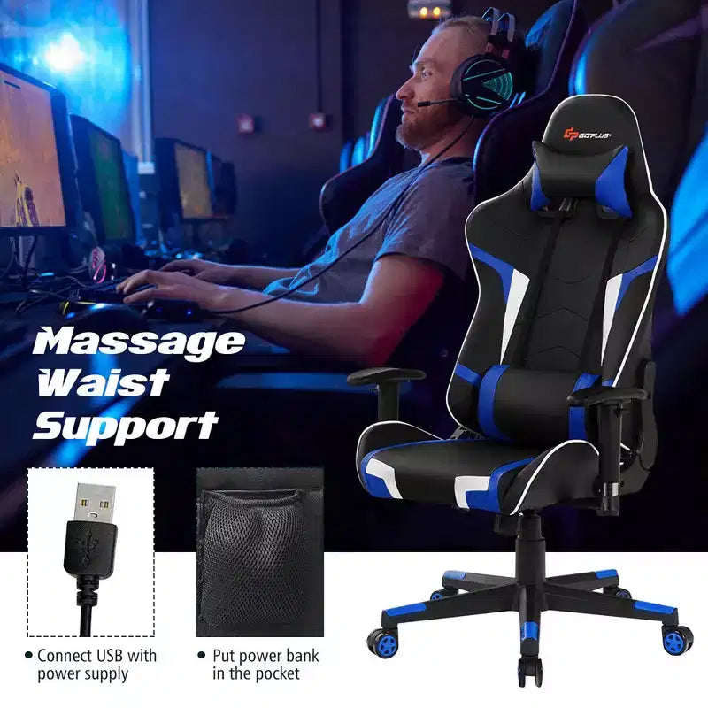 Costway Massage Gaming Chair Reclining Swivel Racing Office Chair w/Lumbar Support White\Blue\Grey\Red