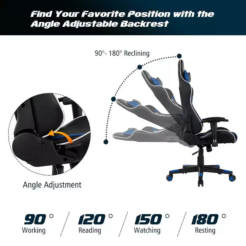 Costway Massage Gaming Chair Reclining Swivel Racing Office Chair w/Lumbar Support White\Blue\Grey\Red