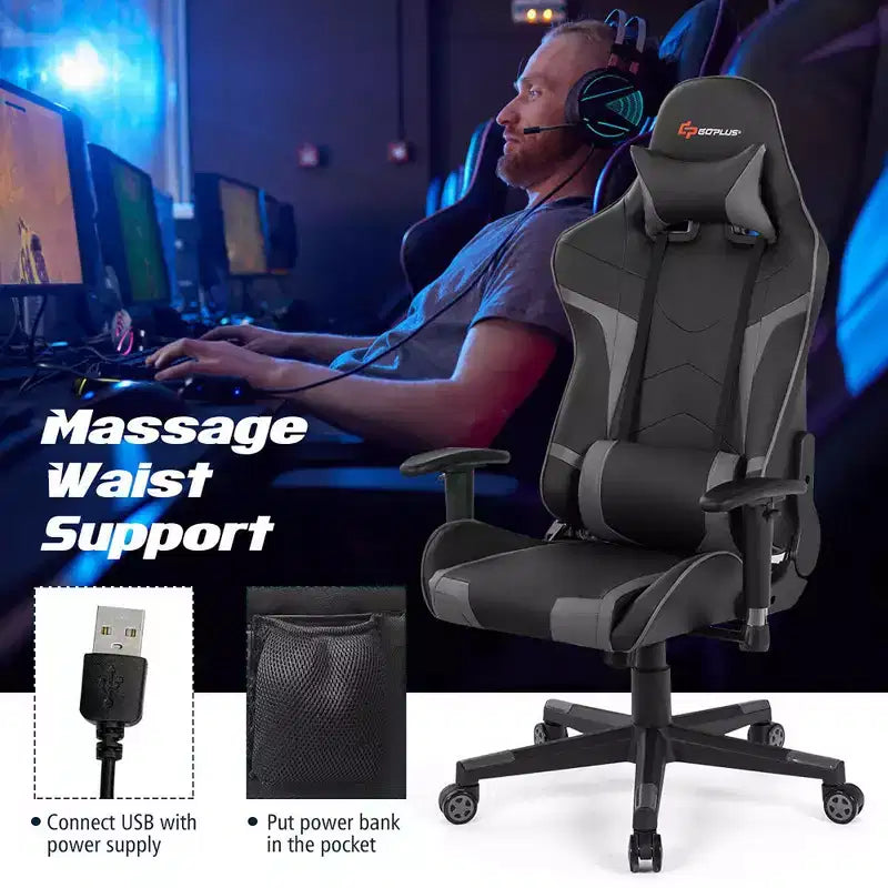 Sedia da gioco massaggiante Costway, reclinabile, girevole, da ufficio, da corsa, con supporto lombare