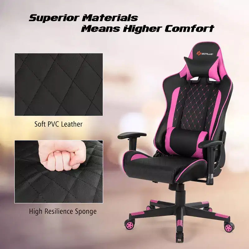 Costway Massage Gaming Chair Reclining Racing Chair w/Lumbar Support and Headrest White/Blue/Pink/Red