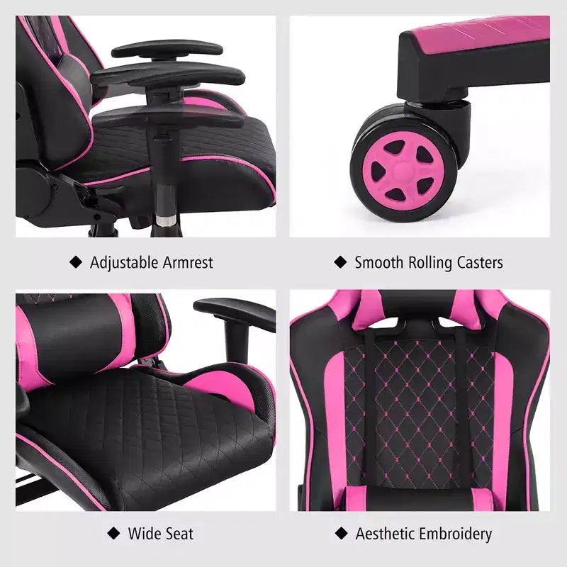 Costway Massage Gaming Chair Reclining Racing Chair w/Lumbar Support and Headrest White/Blue/Pink/Red