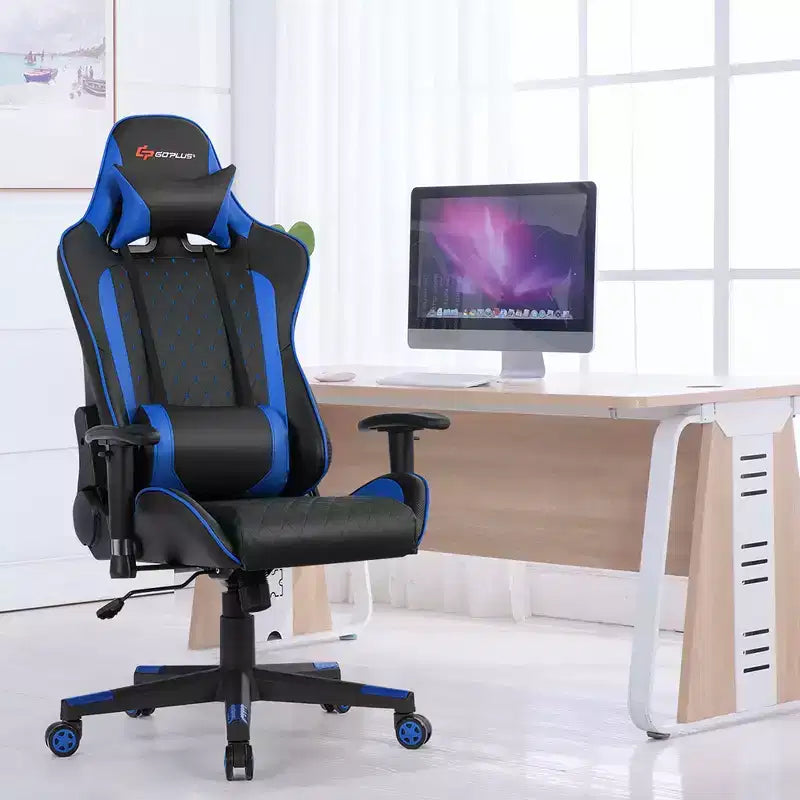 Costway Massage Gaming Chair Reclining Racing Chair w/Lumbar Support and Headrest White/Blue/Pink/Red