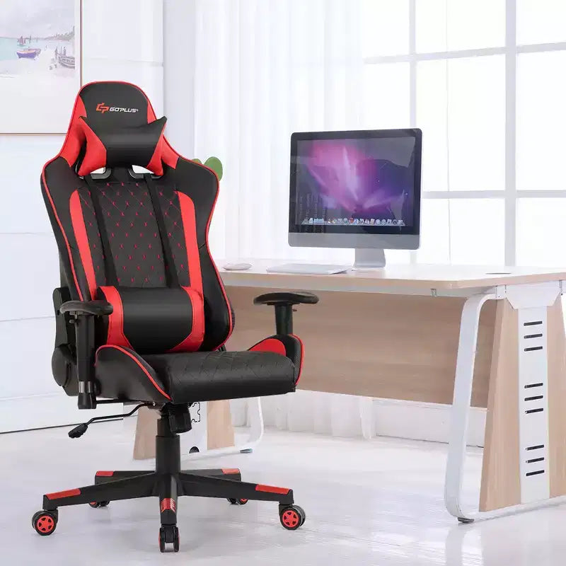 Costway Massage Gaming Chair Reclining Racing Chair w/Lumbar Support and Headrest White/Blue/Pink/Red