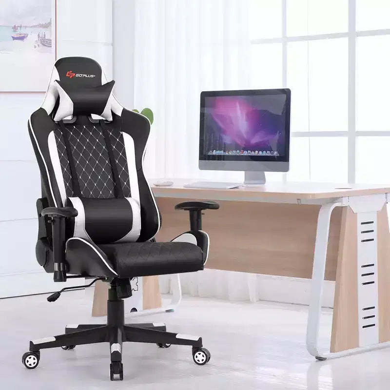 Costway Massage Gaming Chair Reclining Racing Chair w/Lumbar Support and Headrest White/Blue/Pink/Red