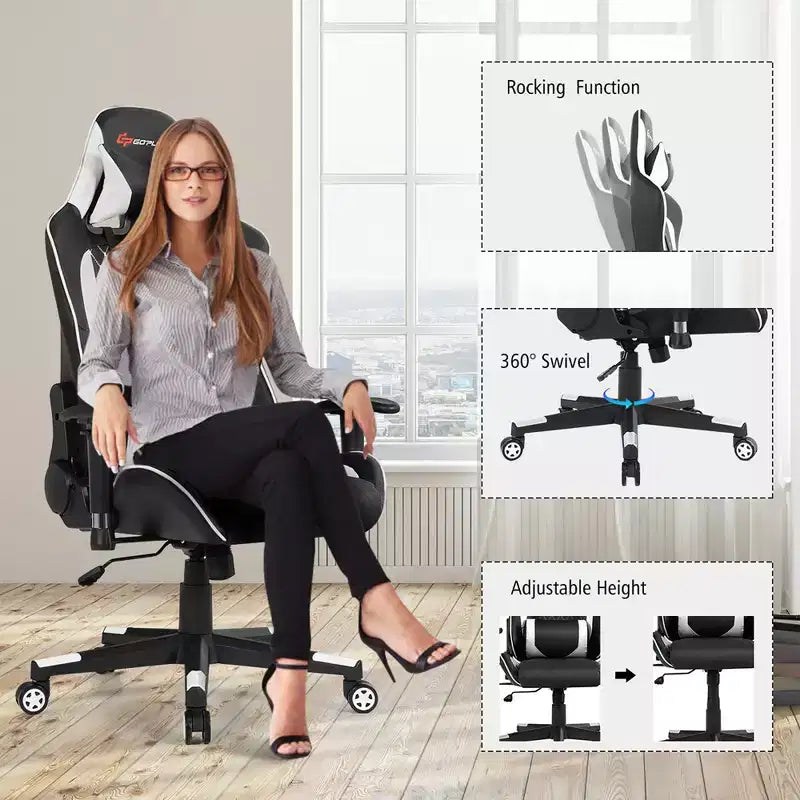 Costway Massage Gaming Chair Reclining Racing Chair w/Lumbar Support and Headrest White/Blue/Pink/Red