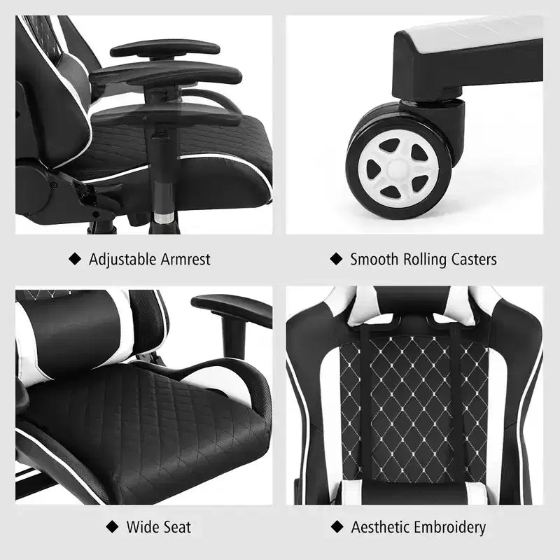 Costway Massage Gaming Chair Reclining Racing Chair w/Lumbar Support and Headrest White/Blue/Pink/Red