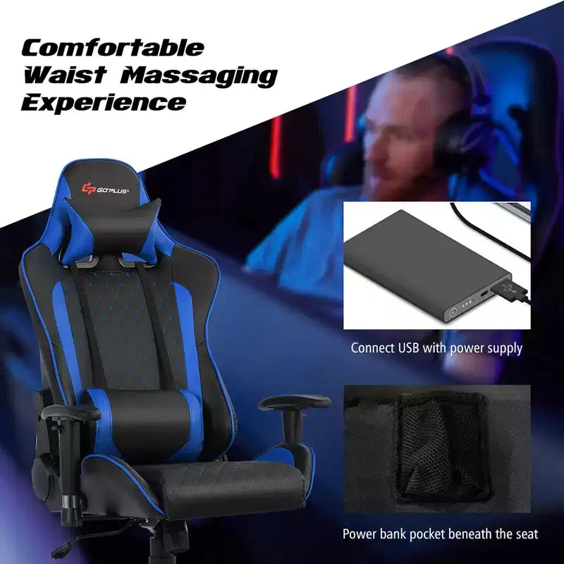 Costway Massage Gaming Chair Reclining Racing Chair w/Lumbar Support and Headrest White/Blue/Pink/Red