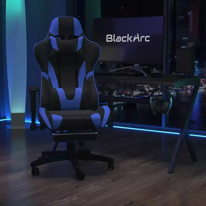 BlackArc Faux Leather Reclining Gaming Chair - Height Adjustable Pivot Arms, Pull-Out Footrest, Headrest & Lumbar Pillows