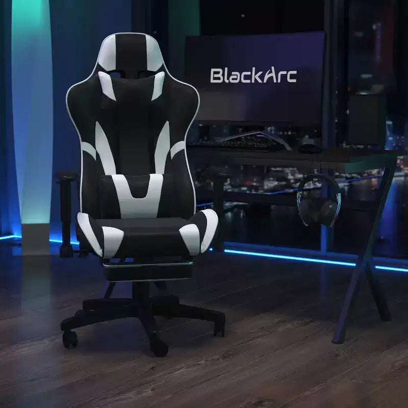 BlackArc Faux Leather Reclining Gaming Chair - Height Adjustable Pivot Arms, Pull-Out Footrest, Headrest & Lumbar Pillows