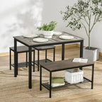 HOMCOM Industrial Dining Table Set, Kitchen Table and Chairs for 4, Dinner Table with Bench Set Metal Frame Storage Shelf, Dinette Set, Rustic Brown
