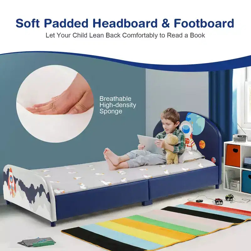 Costway Kids Upholstered Platform Bed Children Twin Size Wooden Bed Astronaut Pattern