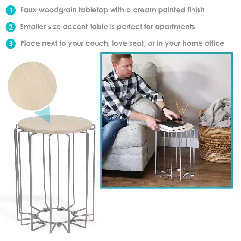 Tavolino da salotto Sunnydaze in filo di acciaio con piano in finto legno – 45 cm H – Crema