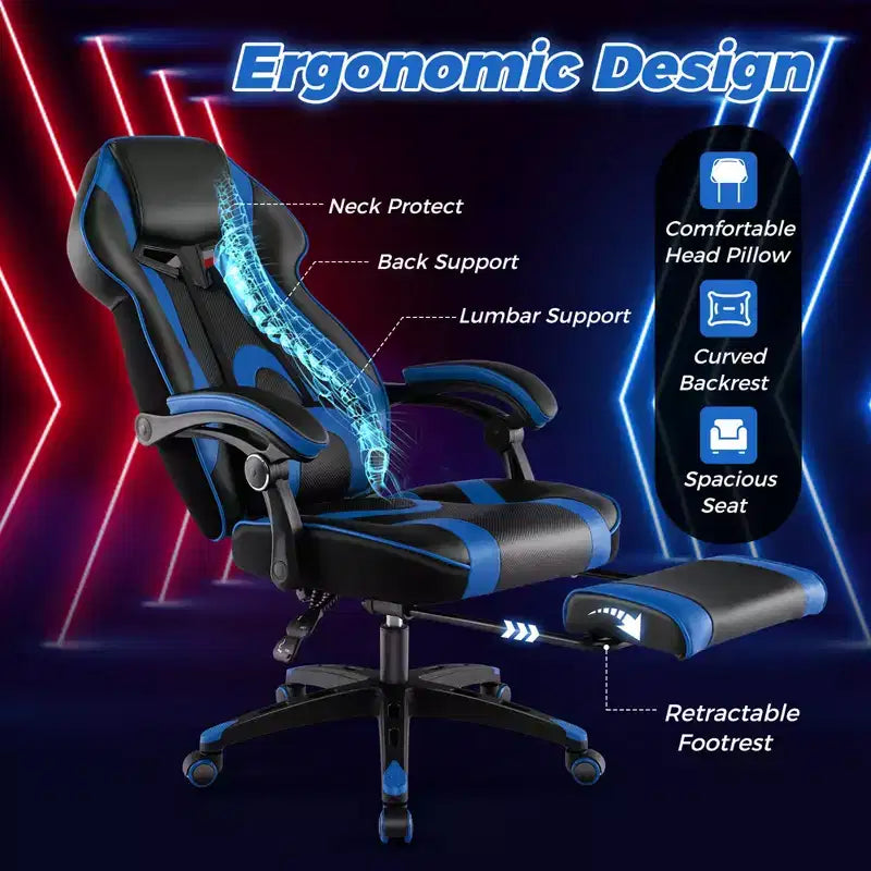 Costway Adjustable E-Sports Racing Style Chair with Padded Headrest, Lumbar Support Blue/Black/Grey/Red