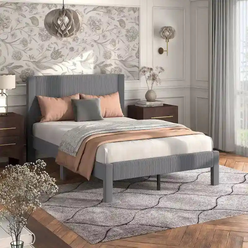 Furniture of America Alyssa Modern Velvet Upholstered Platform Bed with Channel Headboard and Wooden Slats