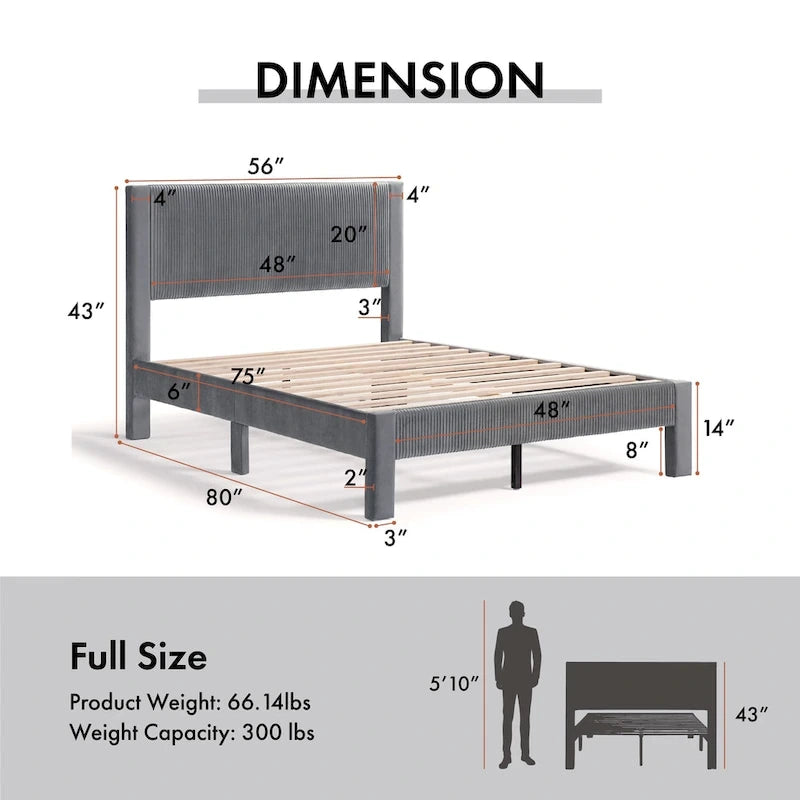Furniture of America Alyssa Modern Velvet Upholstered Platform Bed with Channel Headboard and Wooden Slats
