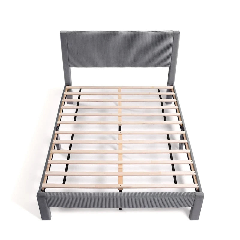 Furniture of America Alyssa Modern Velvet Upholstered Platform Bed with Channel Headboard and Wooden Slats