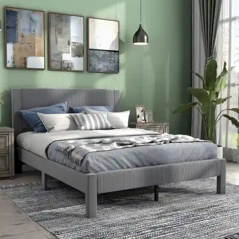 Furniture of America Alyssa Modern Velvet Upholstered Platform Bed with Channel Headboard and Wooden Slats