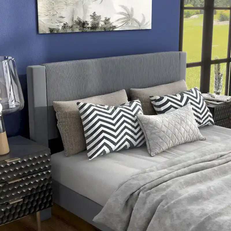 Furniture of America Alyssa Modern Velvet Upholstered Platform Bed with Channel Headboard and Wooden Slats